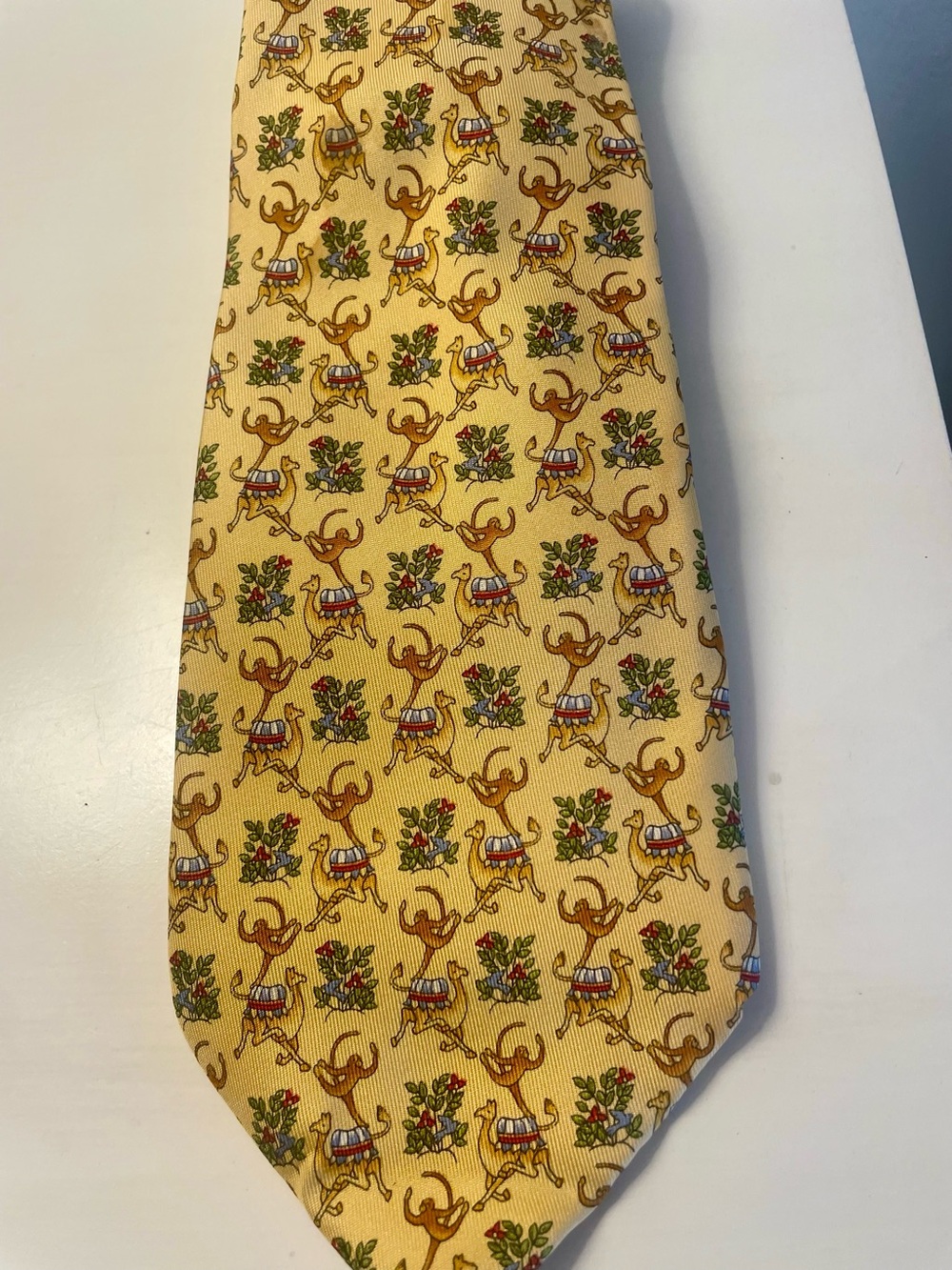 Salvatore Ferragamo Yellow Silk Tie with Monkeys and Camels Vintage  EUC